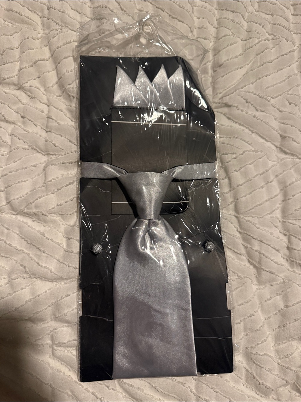 Men's Silver Satin Tie Set with Pocket Square and Cufflinks